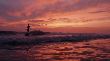 Imagine a lone surfer enjoying a peaceful sunset surf session. The sky is painted with hues of orange and pink, and the waves gently roll in.