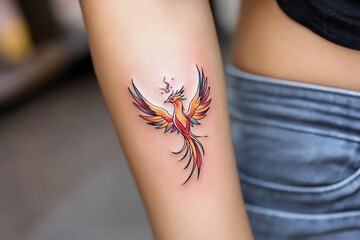 A watercolor-style phoenix tattoo, its vibrant feathers blending into shades of orange, red, and yellow as it rises from the ashes