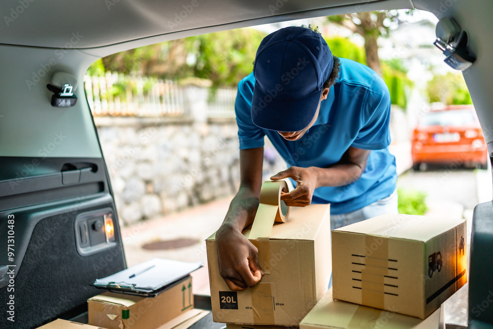 Wall mural Delivery person sealing a cardboard package in the van