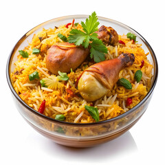 Fototapeta premium a bowl of biryani with chicken pieces on a transgay