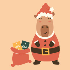cute hand drawn cartoon character santa claus capybara with christmas gift bag funny winter holiday vector illustration 