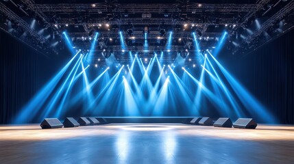 A vibrant concert stage with dramatic blue lighting, ready for an unforgettable live performance and energetic audience engagement.