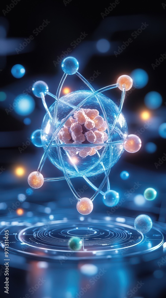Poster a vibrant depiction of an atom with colorful particles, showcasing the intricacies of molecular scie
