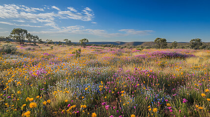 A field of blooming mulla mulla flowers stretching across the dry landscape of the Outback 