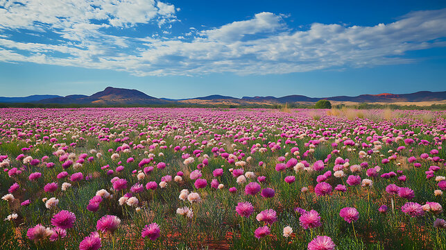 A field of blooming mulla mulla flowers stretching across the dry landscape of the Outback 