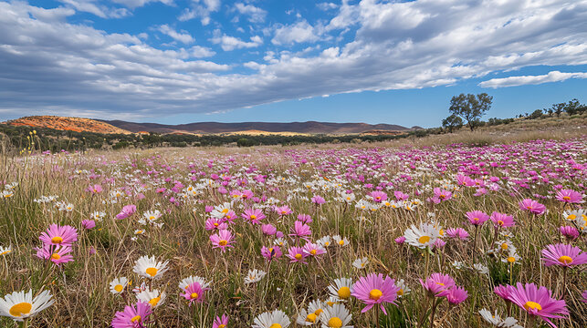 A field of blooming mulla mulla flowers stretching across the dry landscape of the Outback 