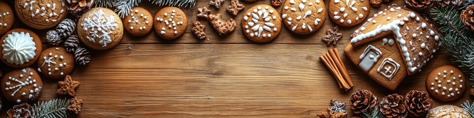 Obraz premium Holiday Baking: Images of festive cookies, gingerbread houses, and holiday treats beautifully arranged on rustic wooden tables 