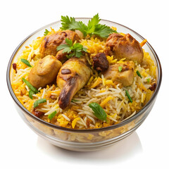Fototapeta premium a bowl of biryani with chicken pieces on a transgay