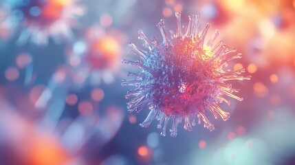 Fototapeta premium Microscopic virus cell, illuminated in a clean tech space, background blurred with light colors, bokeh effect and depth of field creating focus