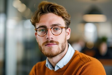 Obraz premium Close-up portrait of a young man wearing glasses and an orange sweater, looking confidently at the camera in a modern office setting