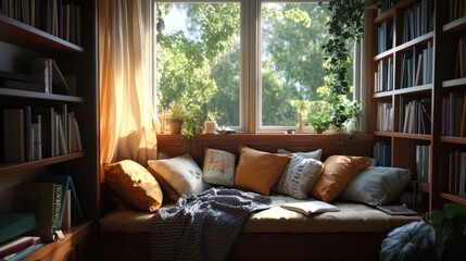 Obraz premium A cozy reading nook with a pile of pillows and a blanket, set beside a bookshelf and a window with natural light.