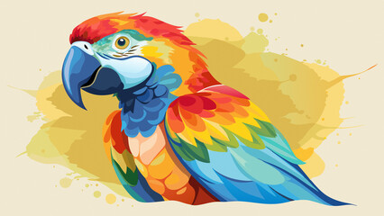 Obraz premium Illustration of a bright parrot with a predominance of red, blue and yellow colors on a beige background with abstract spots
