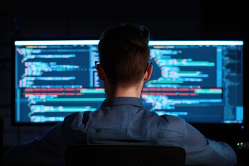 Programmer sitting in front of dual monitors filled with code, working in a dark room on a complex software project