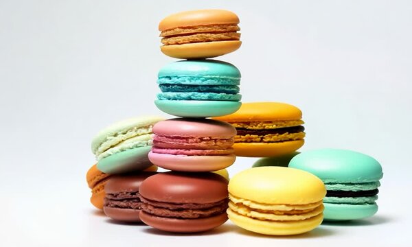 Pile of colorful macarons on white background, hyperrealistic Video
