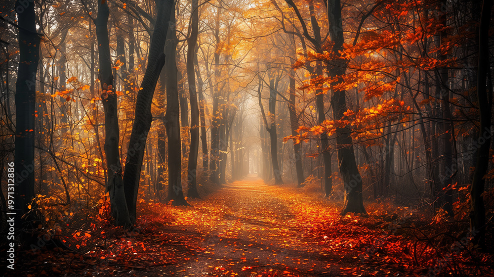 Poster a forest path is lined with trees and covered in autumn leaves