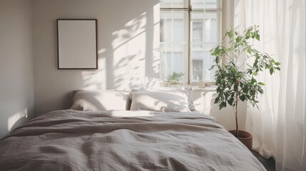 Minimalist bedroom featuring a queen-sized bed with neutral gray bedding, a single potted plant by the window, and clean, uncluttered surfaces