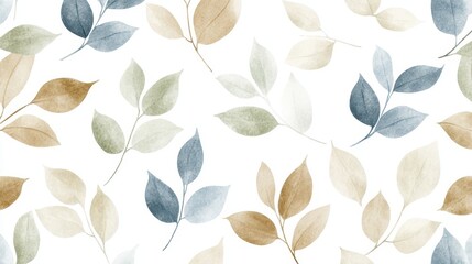 Minimalist seamless pattern with green, blue, light brown, and gray watercolor leaves, gracefully scattered on a white background