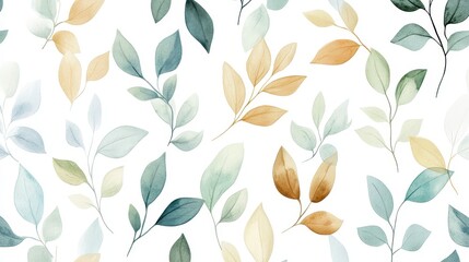 Minimalist seamless pattern with green, blue, light brown, and gray watercolor leaves, gracefully scattered on a white background