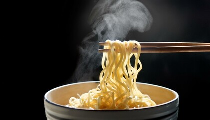 Chopsticks noodles with steam and smoke on black background. selective focus., korea, japan, china, Vietnam and Asian noodle junk food concept

