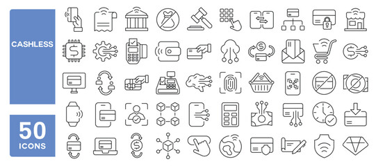 Set of 50 line icons related to cashless, contactless, bill, payment, mobile, banking, code, nfc, chip, wallet, transfer, pay, funds, Editable stroke. Vector illustration