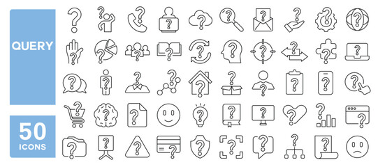Set of 50 line icons related to query, question, ask, help, confusion, mark, faq, puzzle, solve, problem, support, Editable stroke. Vector illustration