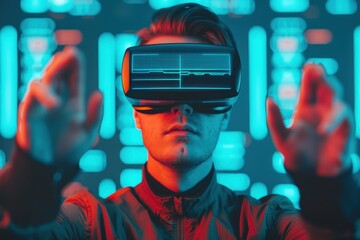 Close-up of a young man wearing a virtual reality headset, using hand gestures to interact with a futuristic digital interface, surrounded by glowing blue and red lights