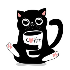 Black Cat holding Coffee cup, perfect for Caffeine Lovers, Cat Lovers. Kawaii flat style, Vector Illustration.