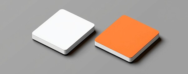 Minimalistic design of two square buttons, white and orange, side by side on a light gray background