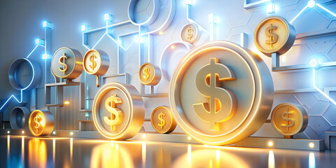 Abstract 3D Financial Symbols: Dollar Signs, Coins, Arrows Glow - Savings, Spending, Profits in Vibrant Colors - Digital Art Concept on White Background
