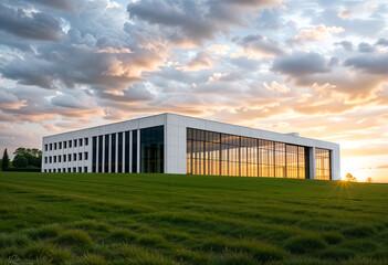 Fototapeta premium modern white building with glass wall in fornt of green grass field