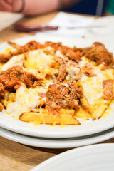 A plate of food with a lot of cheese and meat on it