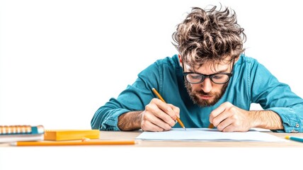 A man is writing with a pencil on a piece of paper