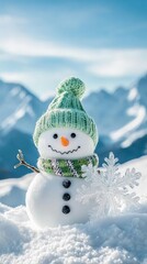 Obraz premium A snowman with a green hat and scarf holding a snowflake