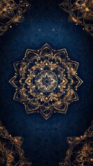 Abstract gold mandala pattern on dark blue background with intricate details