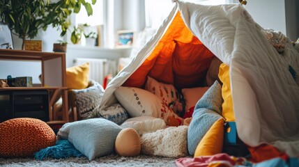 A playful pillow fort built in a living room, with pillows and blankets creating a cozy hideaway for kids.