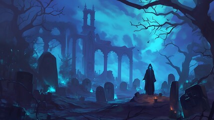 A hooded figure standing amidst a graveyard with ruins and a blue sky