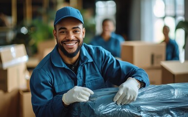 Smiling professional moving team carefully packing boxes for relocation