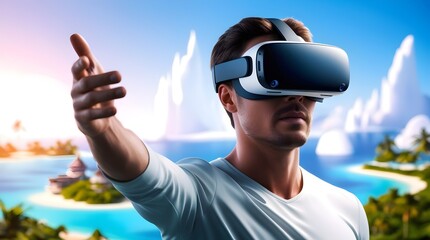 man exploring futuristic worlds with advanced virtual reality headset