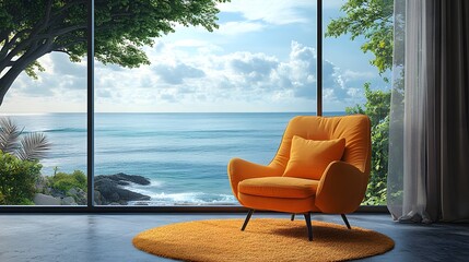 Fototapeta premium Peaceful living room corner with an orange pastel armchair, cozy carpet, and large window framing a bright sea view on a sunny day.