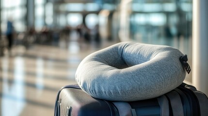 A travel pillow resting on a suitcase, ready for a comfortable journey, with an airport terminal in the background.