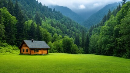 Fototapeta premium Rustic Alpine Cabin Amidst Lush Green Fields and Rolling Hills in Serene Countryside Landscape