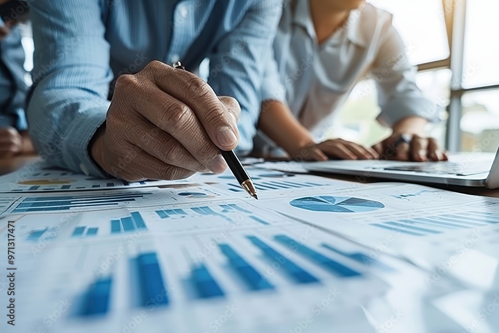 Poster a man is pointing at a graph with a pen