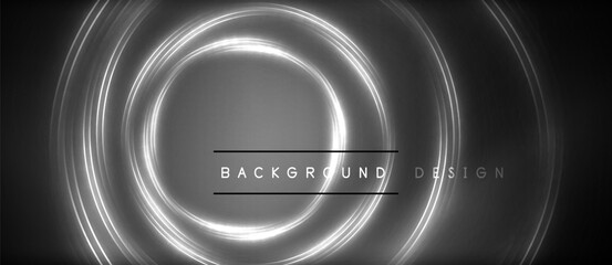 Obraz premium Neon glowing circle rays, light round lines in the dark, planet style neon wave lines. Energetic electric concept design for wallpaper, banner, background