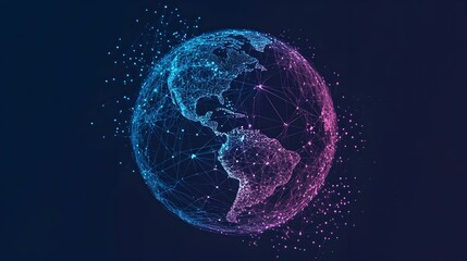 Naklejka premium Abstract Globe Made of Floating Points and Lines on Dark Background, dark background, floating points, intricate, purple