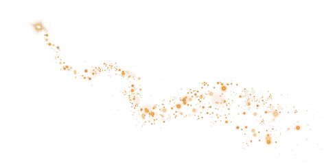 Golden glowing light effect with many glitter particles. Starry cloud with dust. Magic christmas decoration. Luminous bokeh softly shimmering golden light. Light abstract glowing lights. PNG.