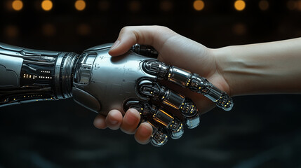 Human hand touching robotic hand in futuristic setting. Concept of AI and human interaction