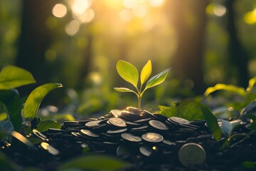 Plant Growing from Coins under Warm Light, Seedling, Nature, Growth, Money