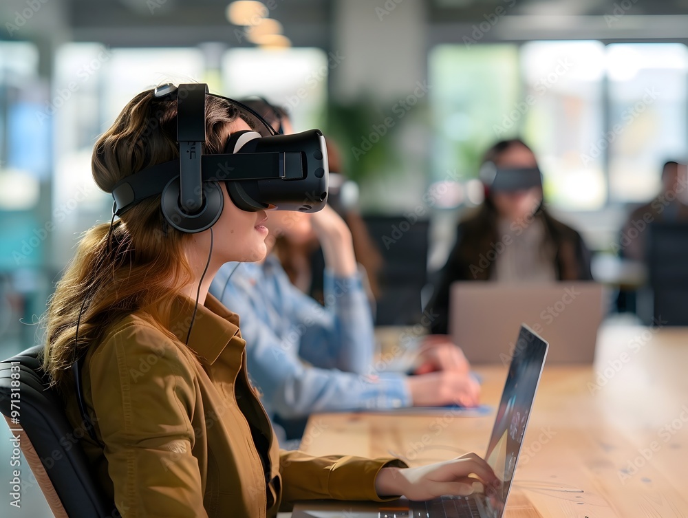 Poster employees engaged in virtual reality training session for new skills development in immersive worksp
