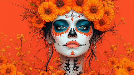 Outlined face of traditional Mexican catrina elegant female skeleton on orange pink background