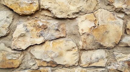 Fototapeta premium Beige stone wall texture with rough surfaces and uneven edges showcasing a weathered and rustic feel in soft ambient light